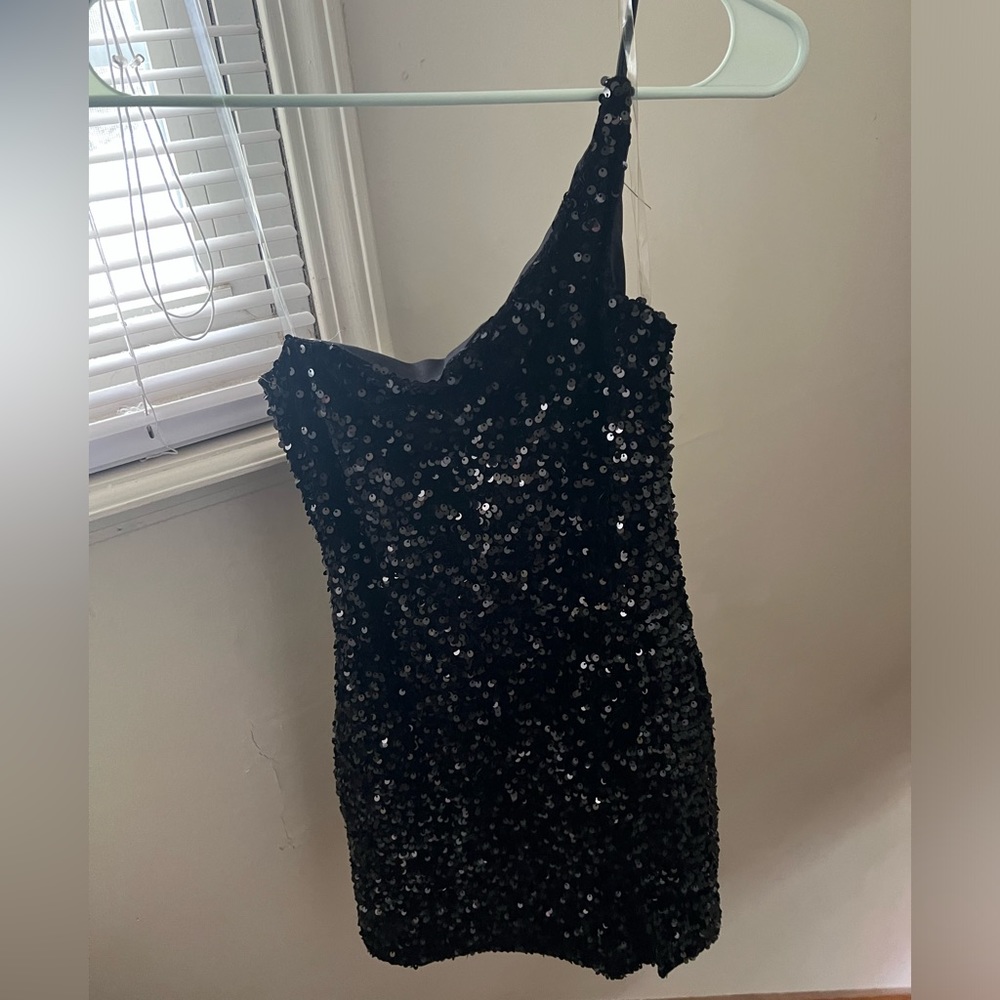 Size small black sequin one shoulder mini dress
